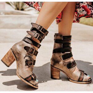 Freebird Steven Bond Stone Leather Distressed Strappy Edgy Buckles Ankle Chunky